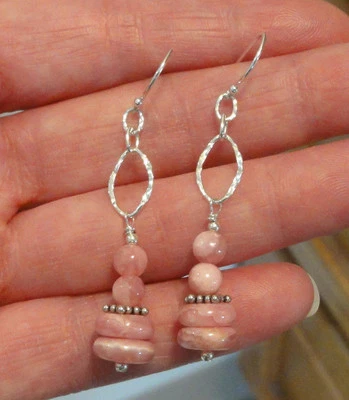 Brincos pendentes de prata esterlina com miçangas de rodocrosita elo de corrente - Imagem 1 de 4