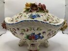 VINTAGE CAPODIMONTE Porcelain Footed Bowl with Applied Flowers on Lid Italy 9x7