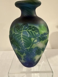 Emile Galle Cameo Reproduction Glass Vase 8” Blue Green - Picture 1 of 6