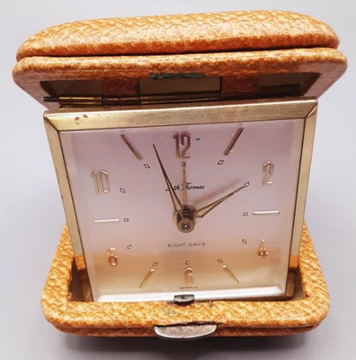 Seth Thomas Travel Alarm Eight Days Clock Leather Case Germany ~ Working - Image 1 of 4