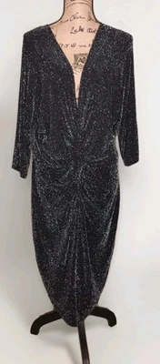 Janette Plus - Vestido ajustado negro y plateado nudo en V profundo cintura manga abertura - 3X Foto 1 de 3