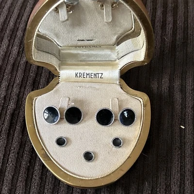 Art Deco Krementz Negro Ónix Platino Borde 14k Superposición Trasera 5 Gemelos Tachuelas Foto 1 de 4