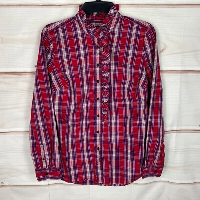 Camisa Gap Top Feminina M Vermelha Tartan Xadrez Botão Para Cima Ajustada Namorado Babado Algodão - Imagem 1 de 4
