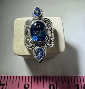Vintage Sarda Artisan Bali Sterling Silver 3 blue topaz ring , size 10.75 - Picture 1 of 6
