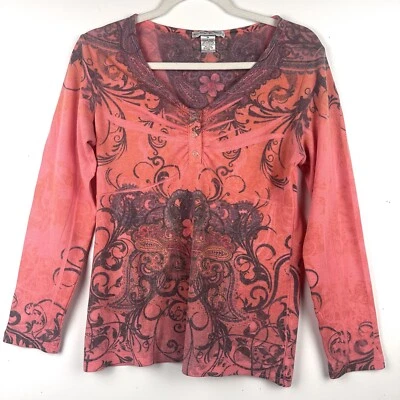 Camisa De Colección Suzie Henley Top Tejido Waffle Térmica Naranja Y2K Cachemira Floral M Foto 1 de 4