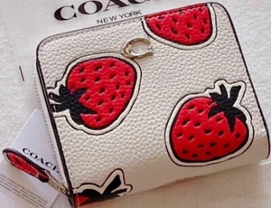 COACH Bi-fold Wallet in Strawberry print Leather Chalk CT908 outlet New JPN - Picture 1 of 6