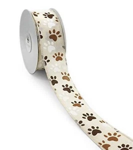 Ivory Canvas White Tan Brown Dog Cat Pet Paws Paw Print 1.5" Wired Ribbon by Yd - Picture 1 of 2
