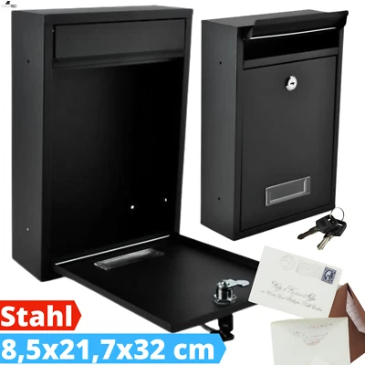 Briefkasten Stahl Postkasten Schwarz Wandbriefkasten Abschließbar Mailbox - Bild 1 von 4