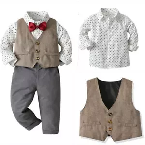 Children's Long Sleeve Shirt Vest Trousers Boys' Gentleman Bow Tie Suit - Picture 1 of 11