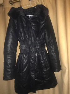 LEATHER LOOK COAT WITH DETACHABLE FUR TRIM HOOD - Picture 1 of 7