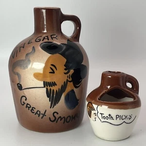 Vintage GREAT SMOKY MOUNTAINS Folk Art Mini Ceramic Vinegar Jug & Toothpick Jug - Picture 1 of 14