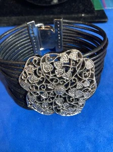 925 Sterling Silver Diamond Flower Cuff Bracelet Leather Magnetic Closure B137 - Picture 1 of 10