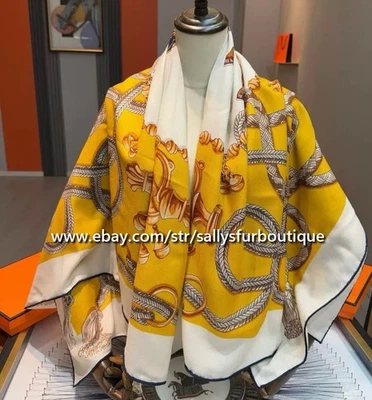 2025 Sallys 70% Cashmere 30% Silk Horse Tassel Print Double Face Scarf Shawl 53" - Image 1 of 4