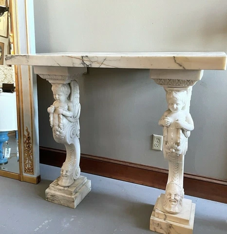 19th Century White Carrara Marble Italian Console with Cherub Pedestals 5 Pieces Cover
