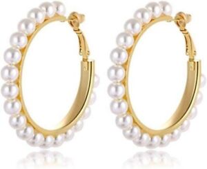 Stunning White Hoop Earrings for Women - Pearl Dangle Earrings, Large Hoops - Je