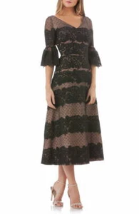 JS COLLECTIONS Black Nude Embroidered Lace Flare Bell Sleeve V-Neck Tea Dress 2 - Picture 1 of 6