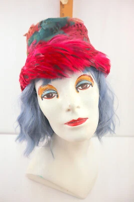 Sombrero de mujer vintage rosa, verde, azul - pastillero de plumas con caja - ¡Hecho en unión usado en excelente estado! Foto 1 de 4