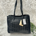 Emma Fox Luna Leather Tote in Black Pebbled Leather Grommet Accents Zip Top NEW