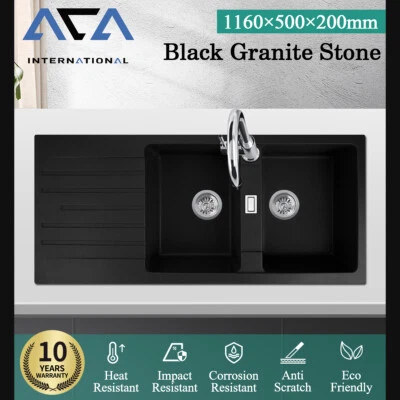 1160x500mm Black Granite Stone Drainboard Double Kitchen Sink Top Flush Mount - image 1 of 4