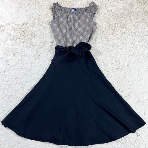 Abito Burberry blu etichetta svasato check cintura senza maniche 97 cm 38 taglia