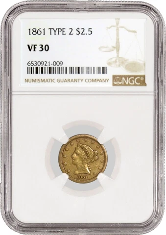 1861 $2.50 Liberty Head Quarter Eagle Gold Type 2 New Reverse NGC VF30 Coin Cover