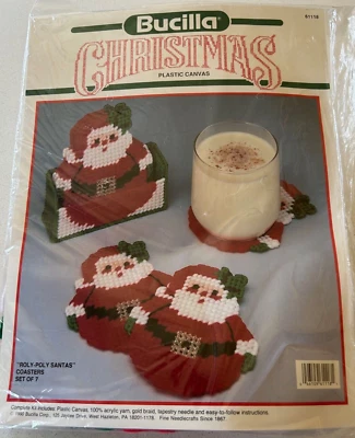 Vtg Bucilla Christmas Plastic Canvas Kit Coasters & Holder Roly Poly Santa - NIP - Image 1 of 3
