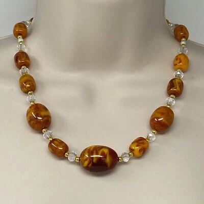 Collar Hecho a Mano Naranja Rojo Remolinado Plástico Cuentas Transparente Facetado Vidrio Tono Dorado Foto 1 de 4