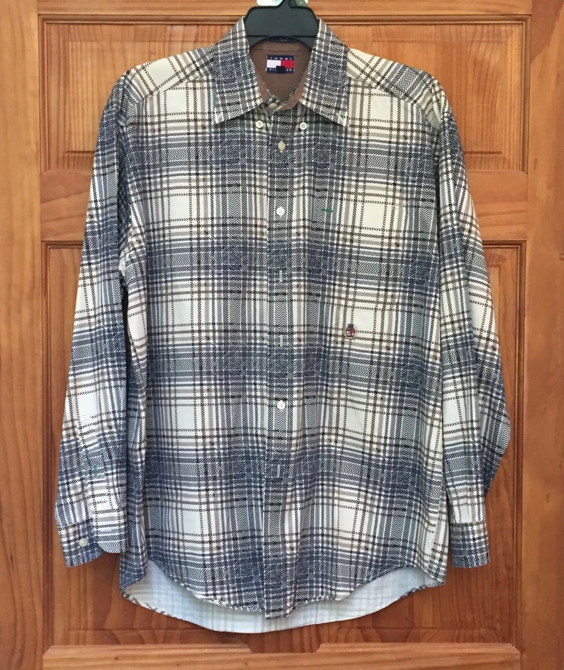 Camisa masculina Tommy Hilfiger manga longa marrom xadrez algodão tamanho M vintage - Imagem 1 de 4