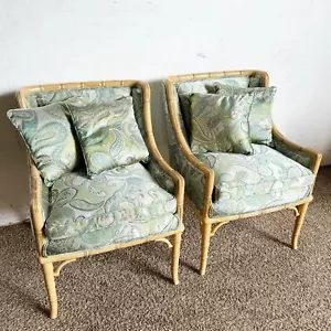 Regency Faux Bamboo and Green Paisley Fabric Arm Chairs With 4 Pillow - a Pair - Picture 1 of 10