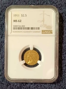 1911 Indian $2 1/2 gold Quarter Eagle, NGC MS62 - Picture 1 of 3