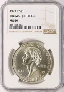 1993-P Thomas Jefferson $1 Commemorative Silver Dollar NGC MS69 - Picture 1 of 4