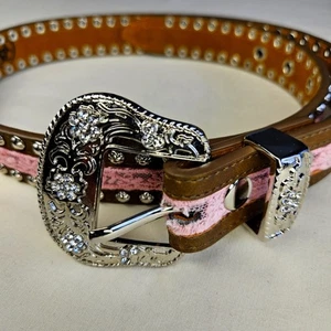 Brown and Pink Belt with Silver Buckle, Kids Size 28 - Picture 1 of 8