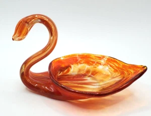 Vintage Glass Hand Blown Orange Transparent Swan Bowl Candy Dish Tealight - Picture 1 of 7