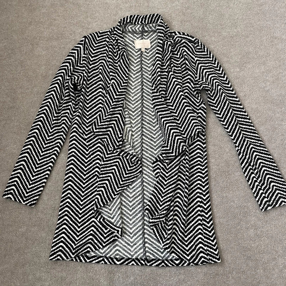 Cárdigan Skies Are Azul Mujer Pequeño Negro Blanco Cascada Frente Abierto Suéter Foto 1 de 4
