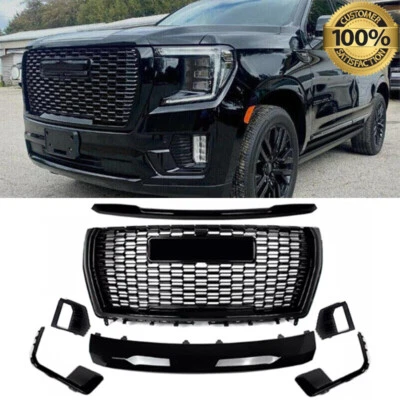 For 2021-24 GMC Yukon/XL Gloss Black Denali Front Grille Hood Trim Molding Set - Изображение 1 из 4