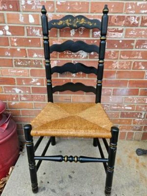 Tell City Hard Rock Maple Ladder Back Chair Wicker Seat Black Gold Acorns #2 - Image 1 of 4