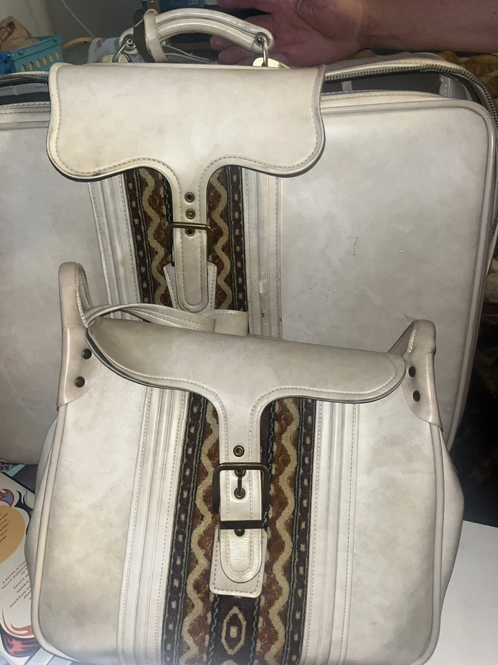 Vintage Carry On & Matching Suitcase, Beige Faux Leather with MCM Fabric Panel - Imagem 1 de 4