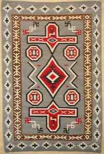 Old Navajo Crystal Rug 9x12 ft Mexican Gray Red Carpet Vintage Tribal Wool Rug