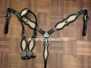Western Brown Leather Bling Tack Set With Beige Croco Inlay And Matching Conchos - Picture 1 of 1