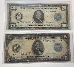 1914 $20 & $5 Dollar Boston Federal Reserve Note Boston, MA - Picture 1 of 2