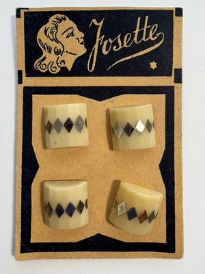 Vintage Lot of 4 Matching Josette Buttons Original Card Square Inlay Faceted - Image 1 of 4