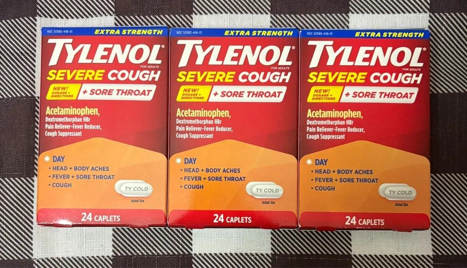3PK Tylenol Tos Severa + Dolor de Garganta 500 mg ~ 24 Comprimidos EA ~ CADUCIDAD 26 Septiembre Foto 1 de 1