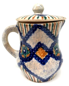 Vintage Antique Hand Painted Lidded Pitcher Creamer Blue Brown Green Boho Decor - Picture 1 of 9