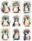 Set of 9 Watercolor Penguins & Flowers STICKERS - Just Cut & Use!