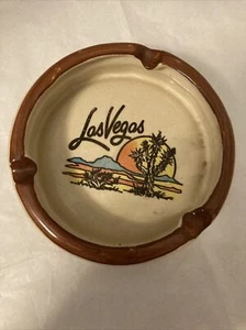Vintage Las Vegas 5" Ceramic Ashtray Beige & Brown w Mts., Cactus, Sunset - Picture 1 of 7