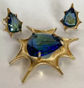 Atomic Blast Brooch Earrings  Signed BSK Gold Tone - Picture 1 of 12