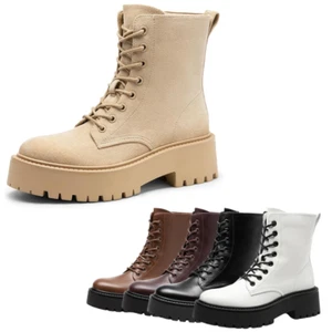 Women Combat Boots Low Heel Round Toe Lace Up Side Zipper Ankle Boots - Picture 1 of 27