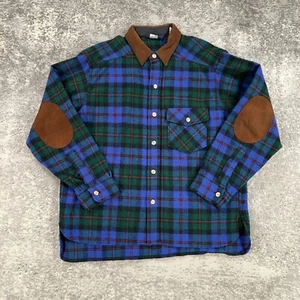 VTG Woolrich Shirt Mens Large Blue Wool Tartan Plaid 80s Made In USA Elbow Patch - Picture 1 of 16