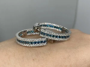 2Ct Round Lab-Created Blue Diamond Hoop Earring For Womens 14K White Gold Finish - Picture 1 of 3