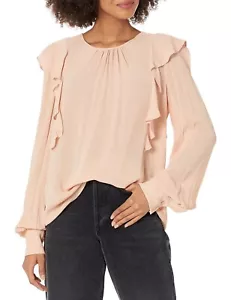BCBGMAXAZRIA Women's Shirt Long Ruffle Sleeve Crew Neck Blouse, Pink, L-Large - Picture 1 of 3